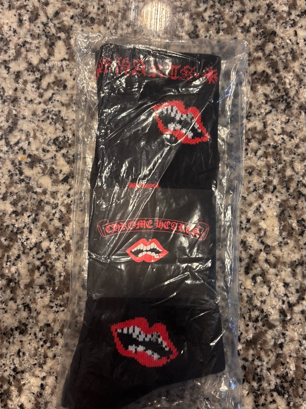 Chrome Hearts Black Crew Socks with Red Lip Graphic